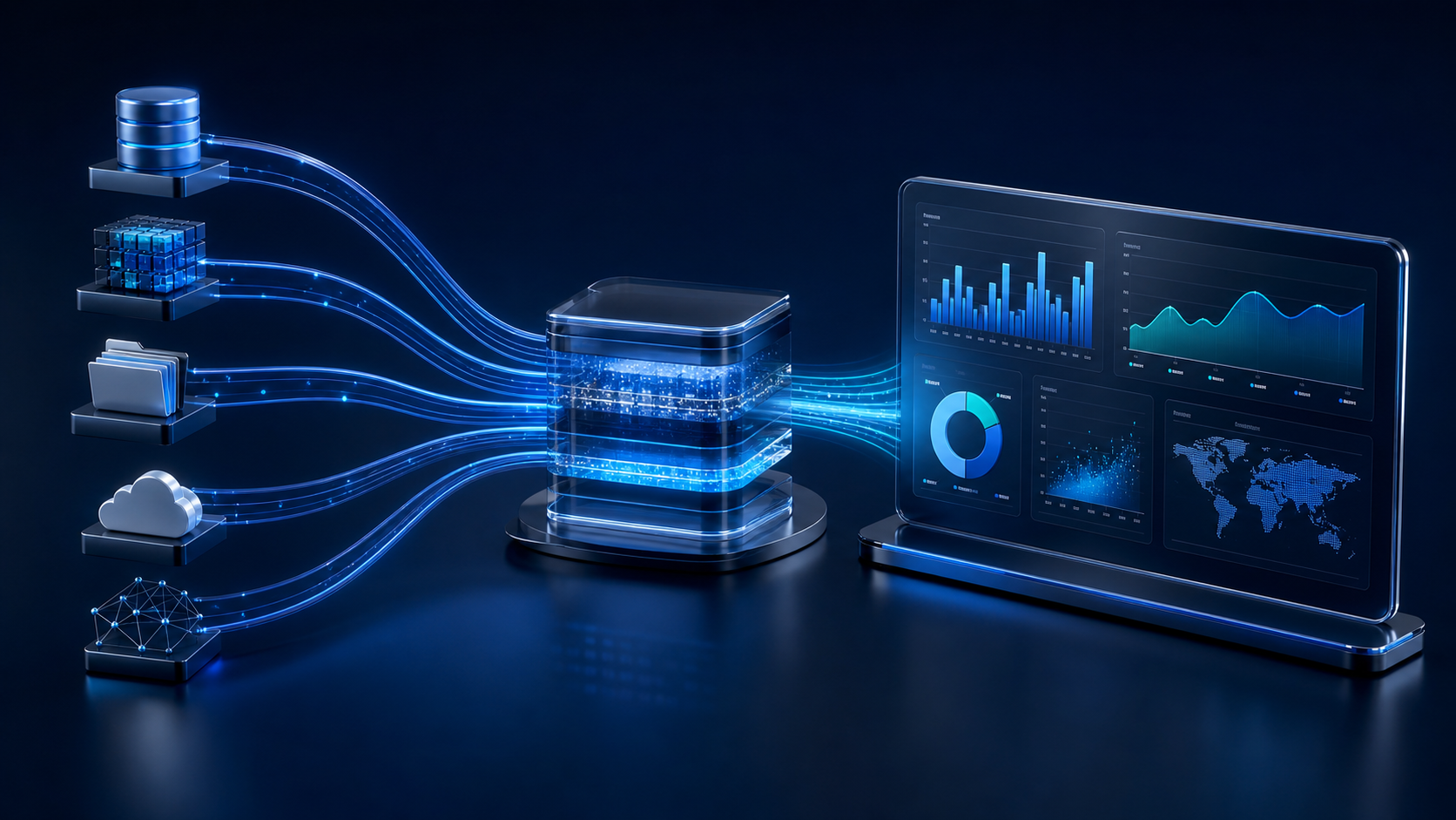 Data sources flowing through a platform into analytics dashboards
